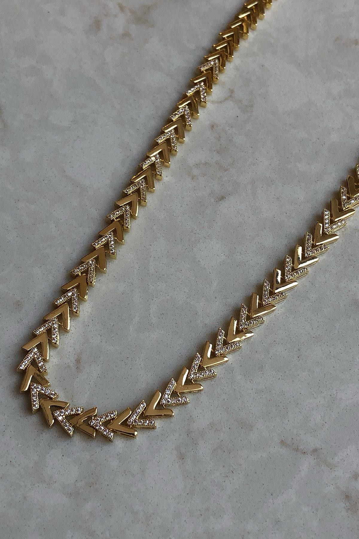 Zirkon Taşlı Gold Detaylı Kaplama Kolye
