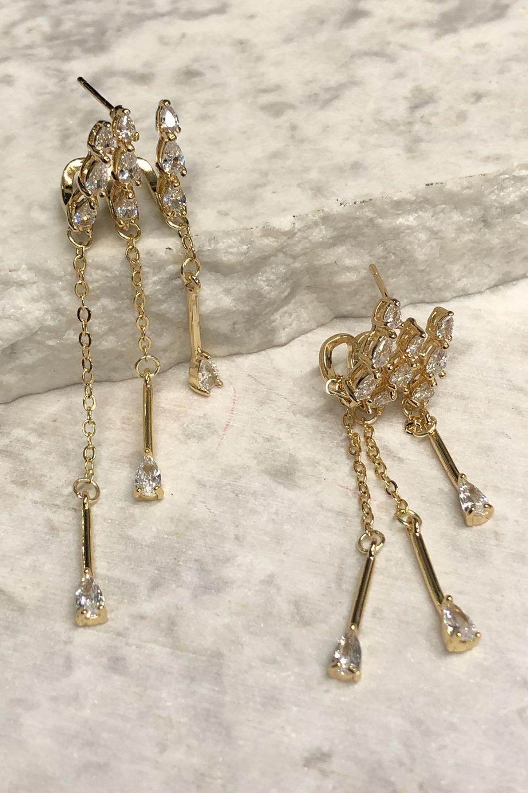 Zirkon Taş Sallantılı Model Gold Küpe