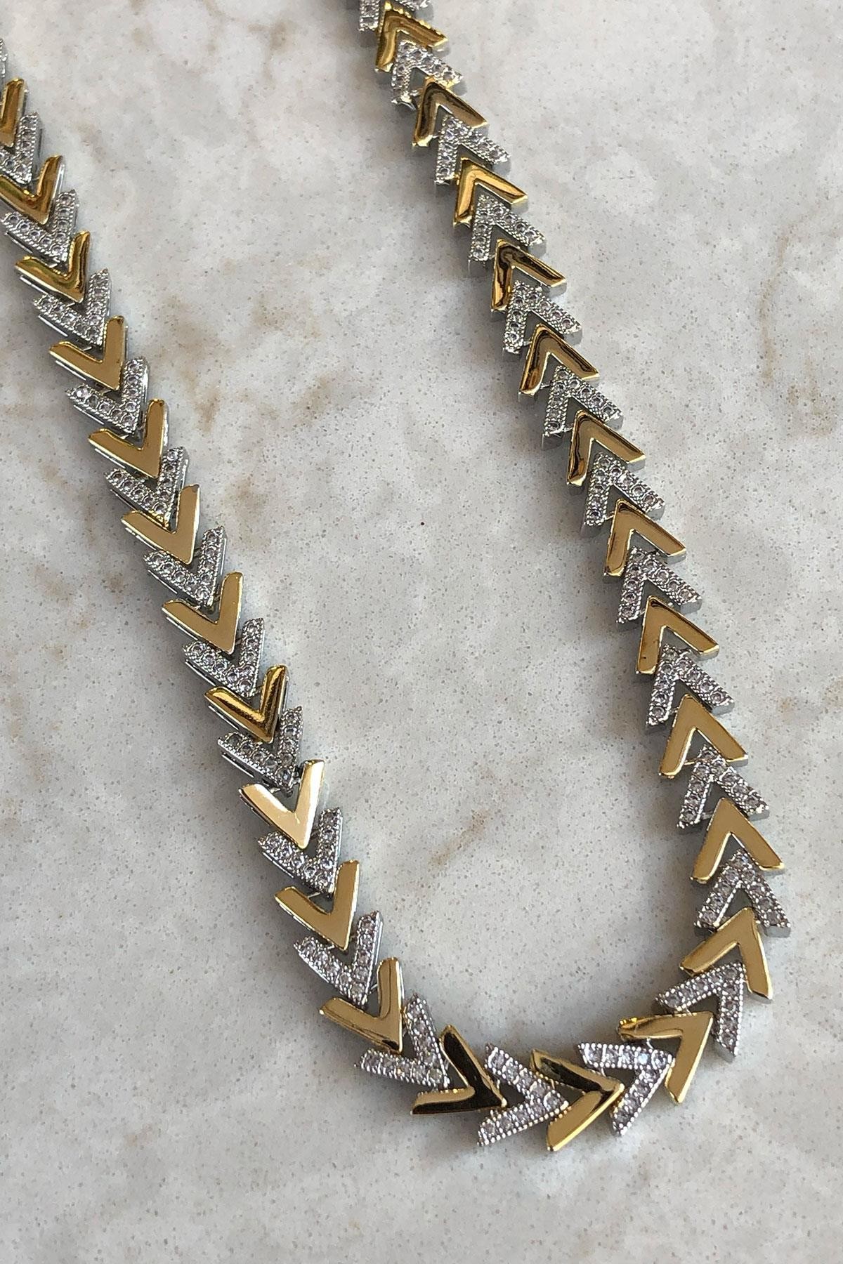 Taşlı Gold Gümüş Detaylı Kaplama Kolye
