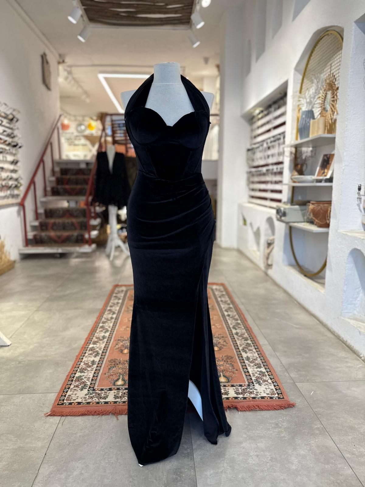 Korseli Siyah Kadife Elbise