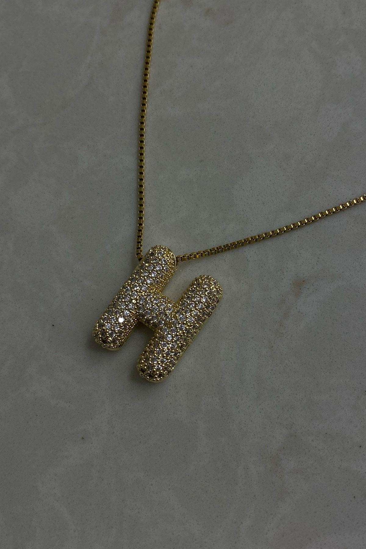 Zirkon Taş Model Gold Detaylı H Harf Çelik Kolye