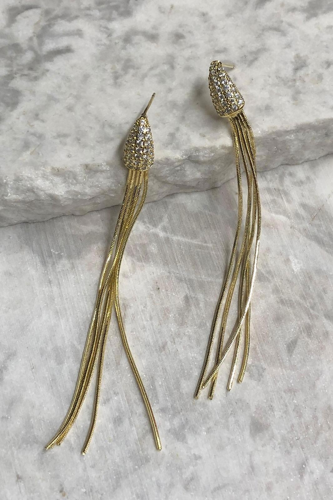 Sallantılı Zirkon Taş Model Gold Küpe