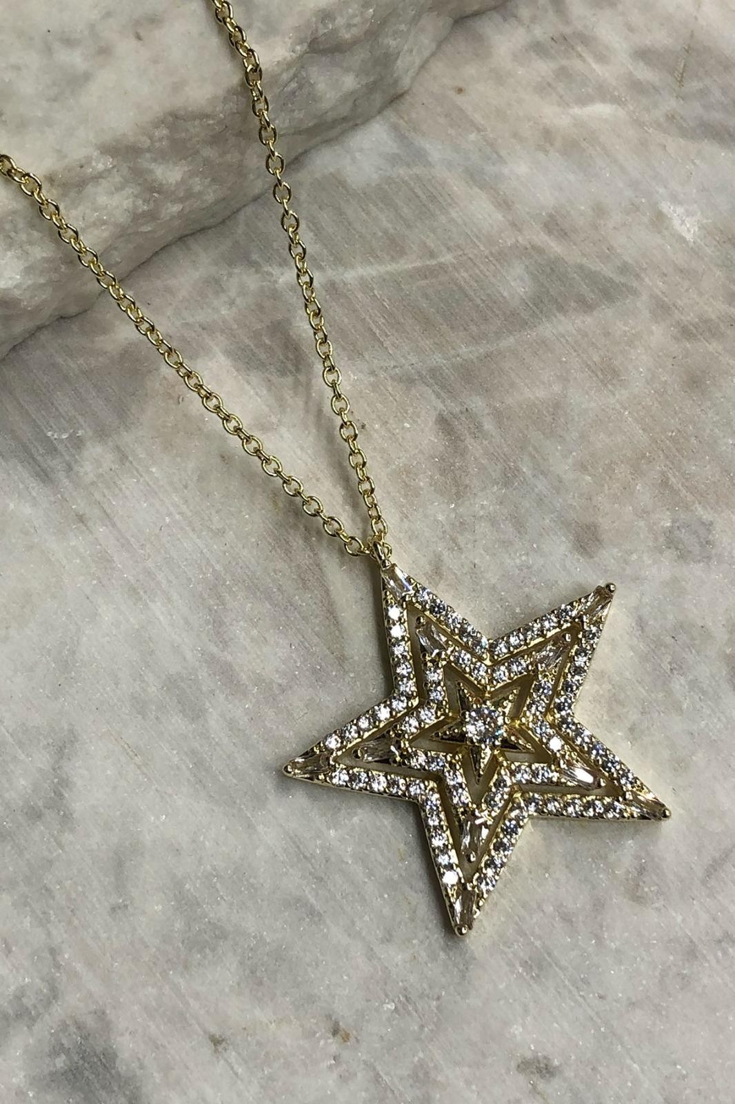 Zirkon Taş Kaplama Çoklu Yıldız Model Gold Kolye