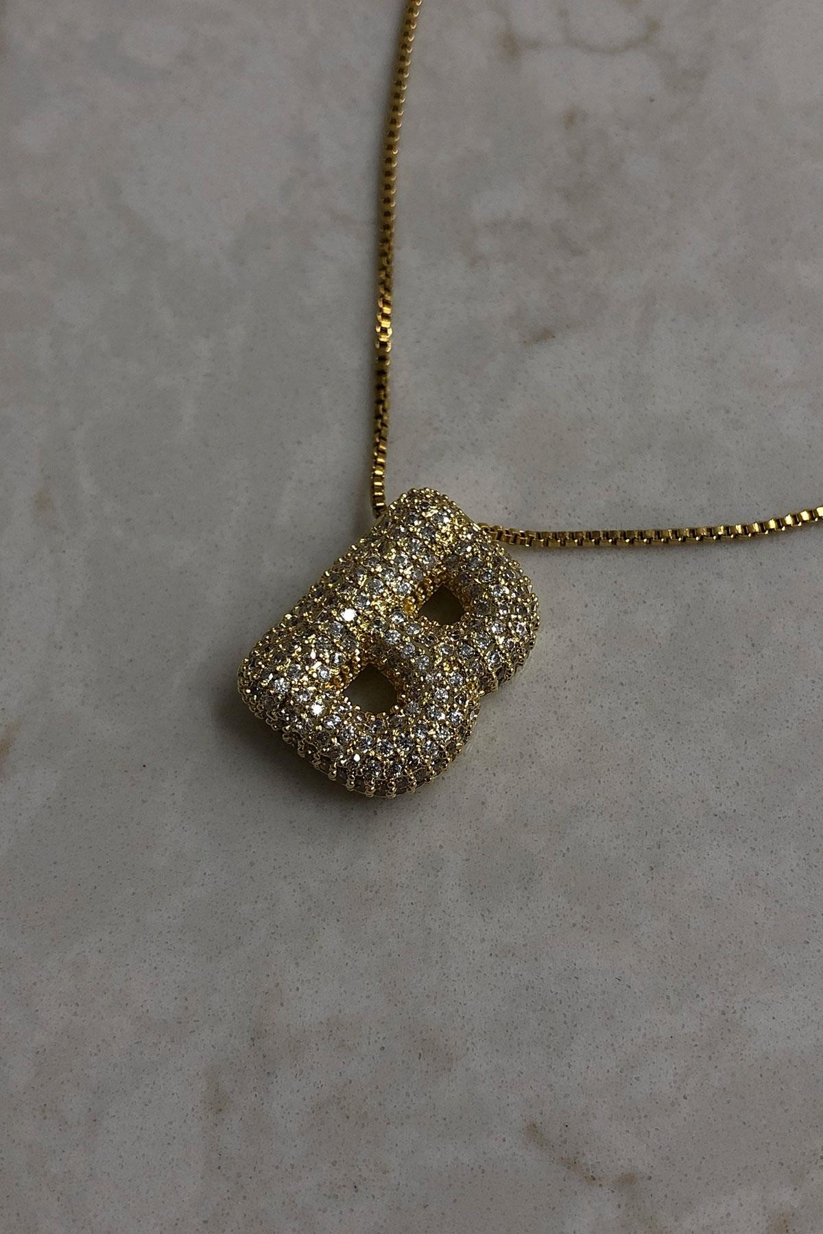 Zirkon Taş Model Gold Detaylı B Harf Çelik Kolye