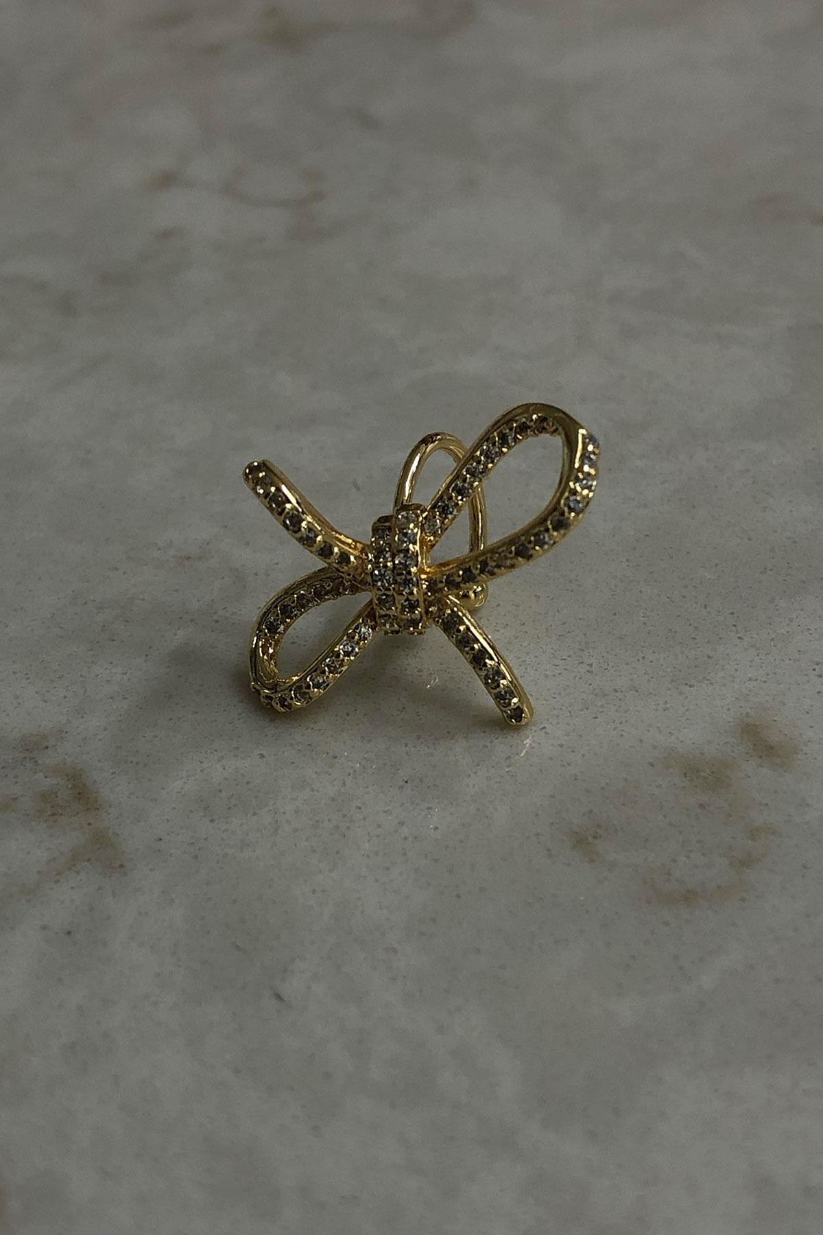 Taşlı Kurdele Model Gold Detaylı Kıkırdak Küpe