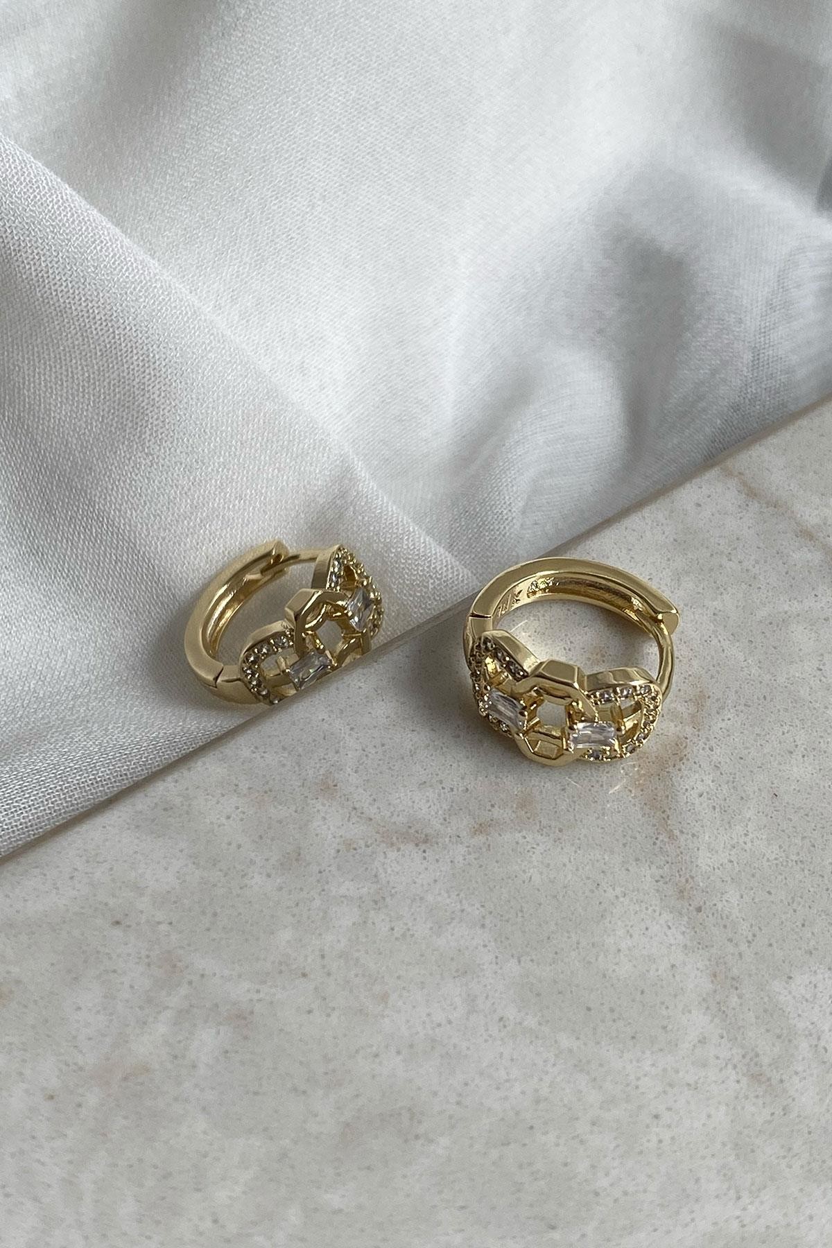 Zirkon Taş Model Gold Detaylı Minimal Küpe