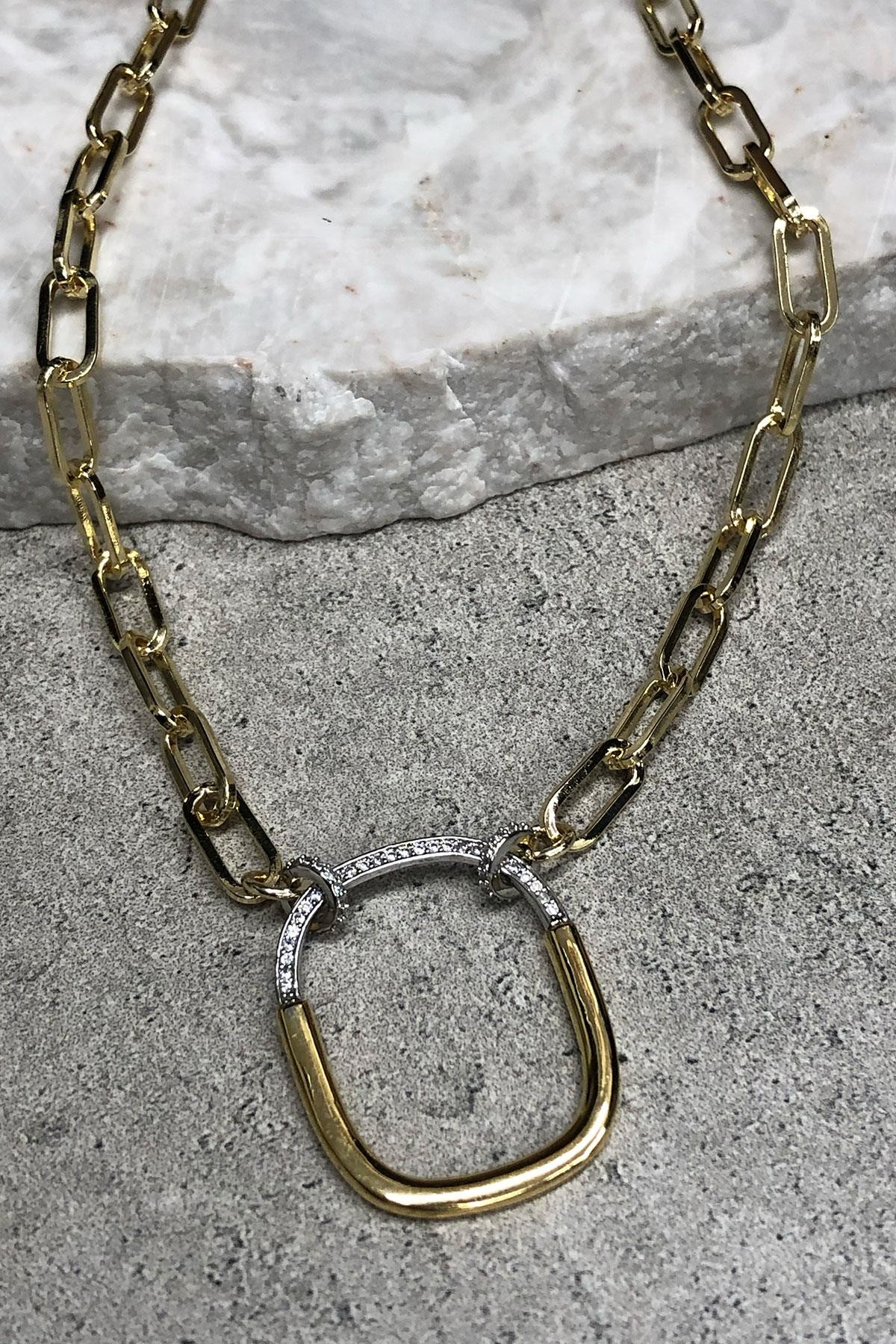 Taşlı Geometrik Model Gold Zincir Detaylı Xp Kaplama Kolye