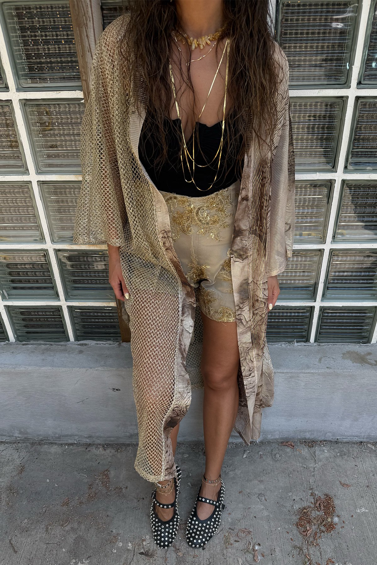 Uçuş | File Desen Detaylı Gold Kimono