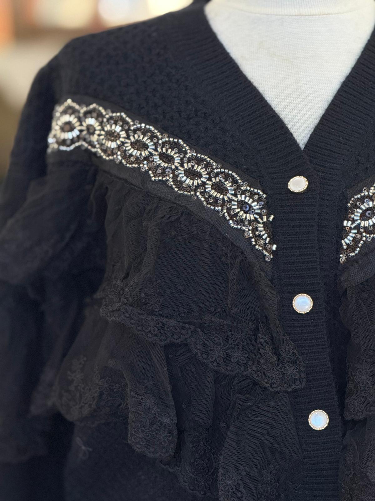 Taşlı Dantelli Siyah Hırka