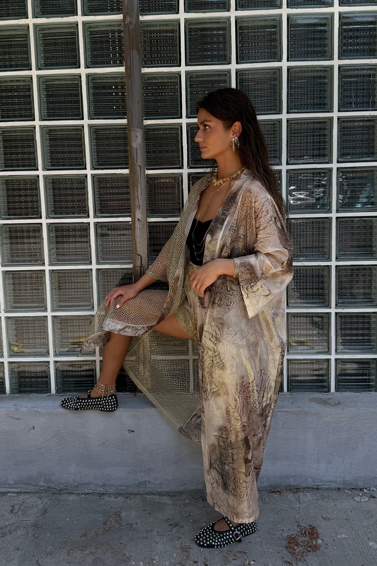 Uçuş | File Desen Detaylı Gold Kimono
