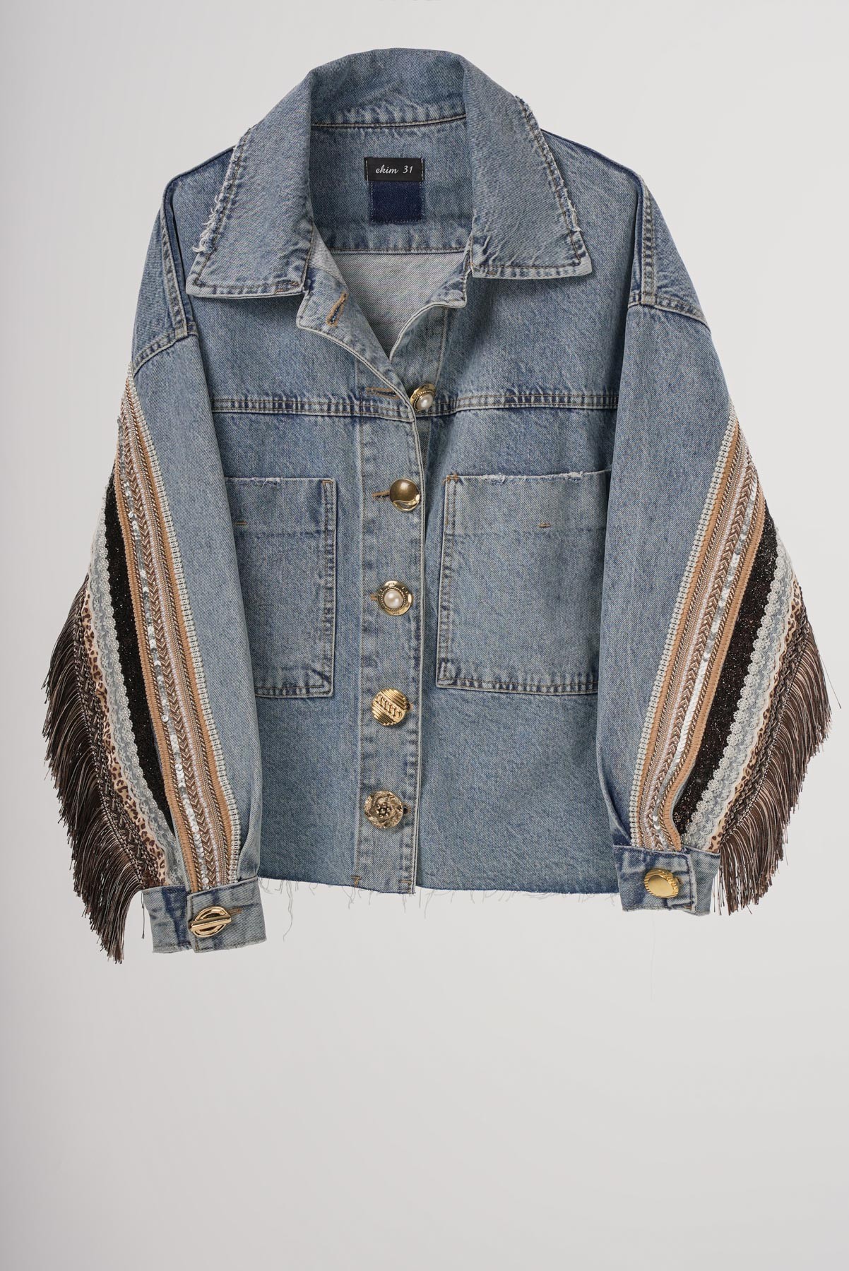 Püskül Rüyası | Püskül ve Gold Düğme Detaylı Denim Ceket