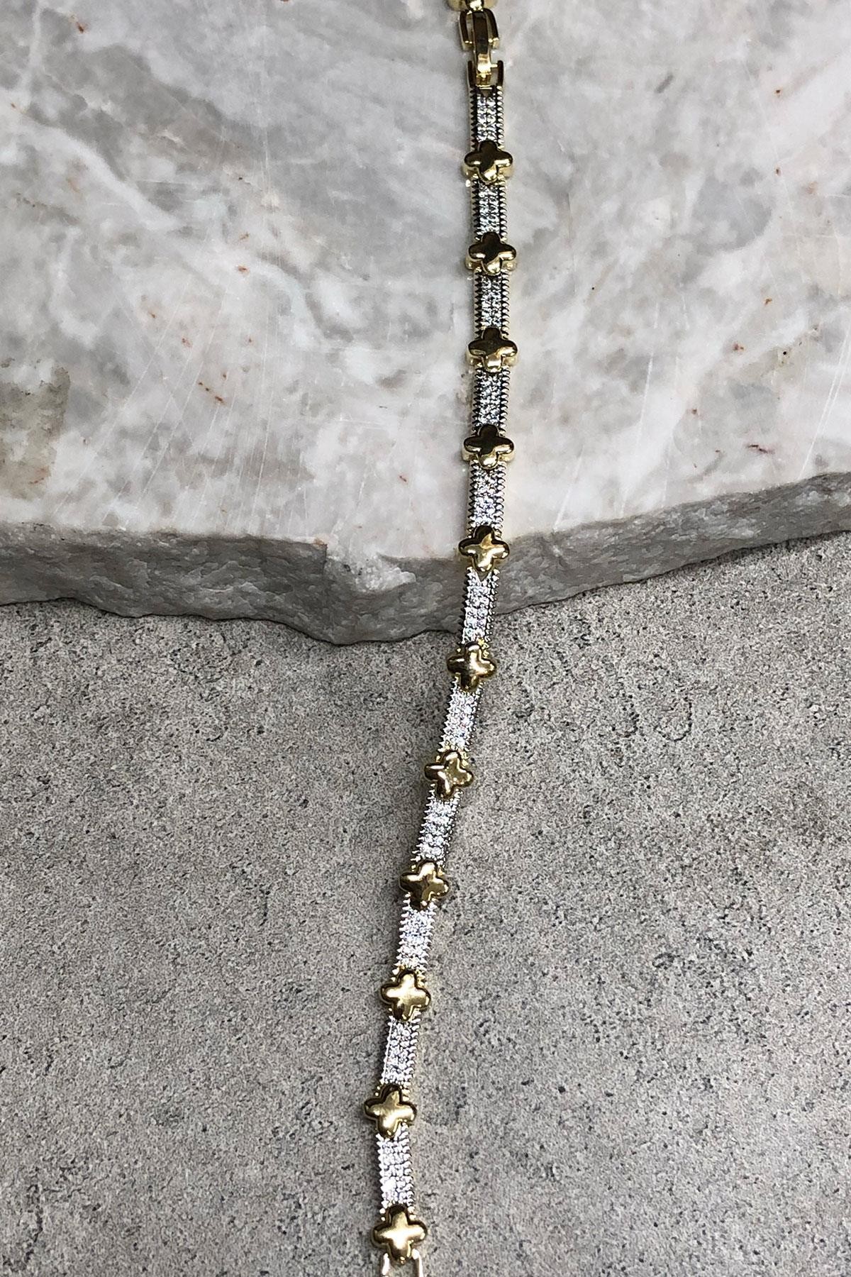 Yonca Model Taşlı Gold Gümüş Detaylı Xp Kaplama Bileklik