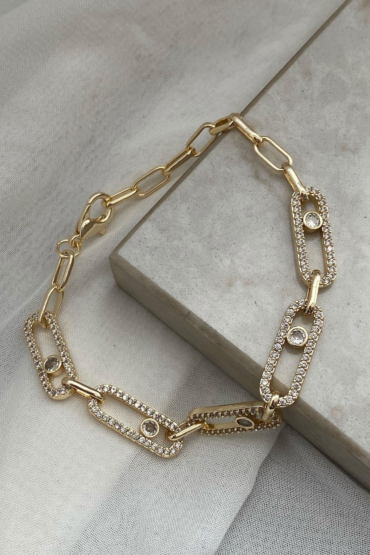 Oval Taşlı Model Gold Detaylı Kaplama Bileklik