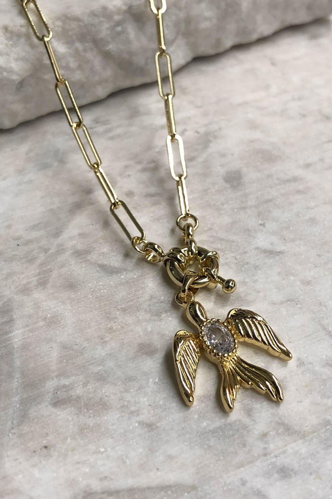 Kuş Model Zirkon Taş Detay Gold Kolye