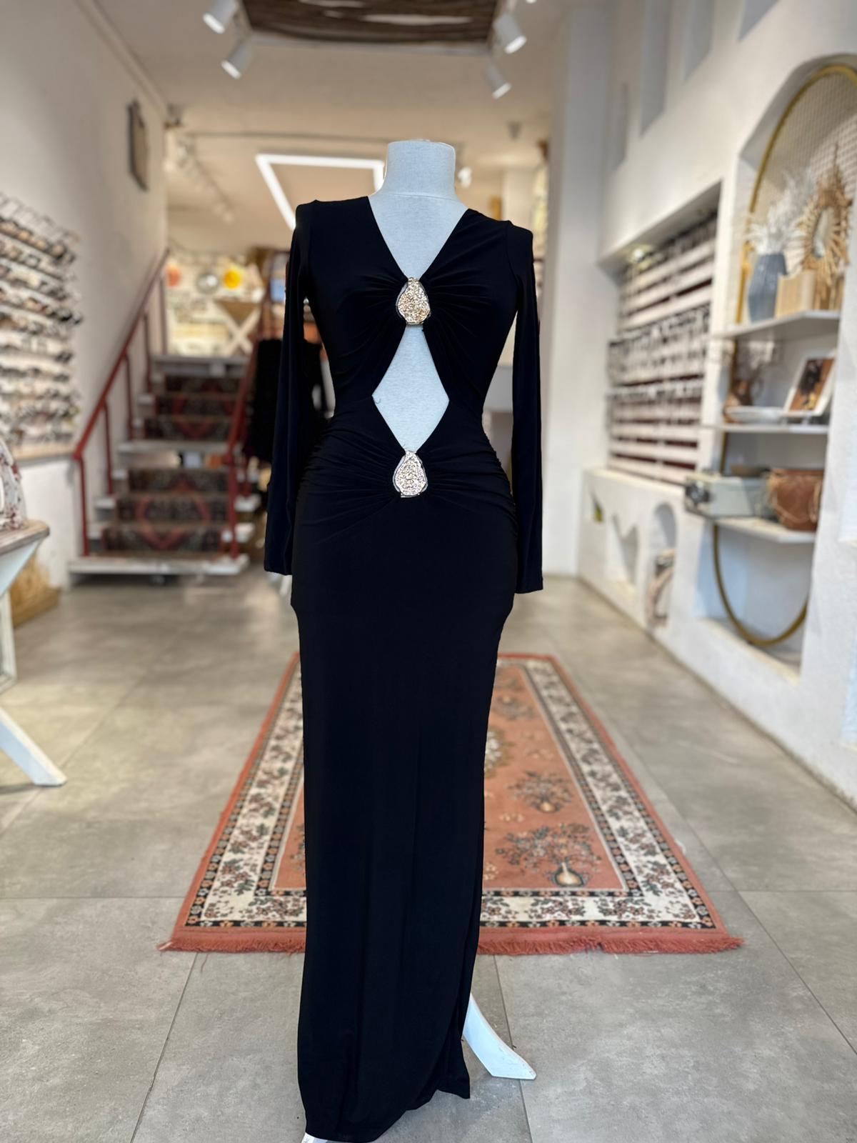 Dekolteli Gold Tokalı Siyah Elbise