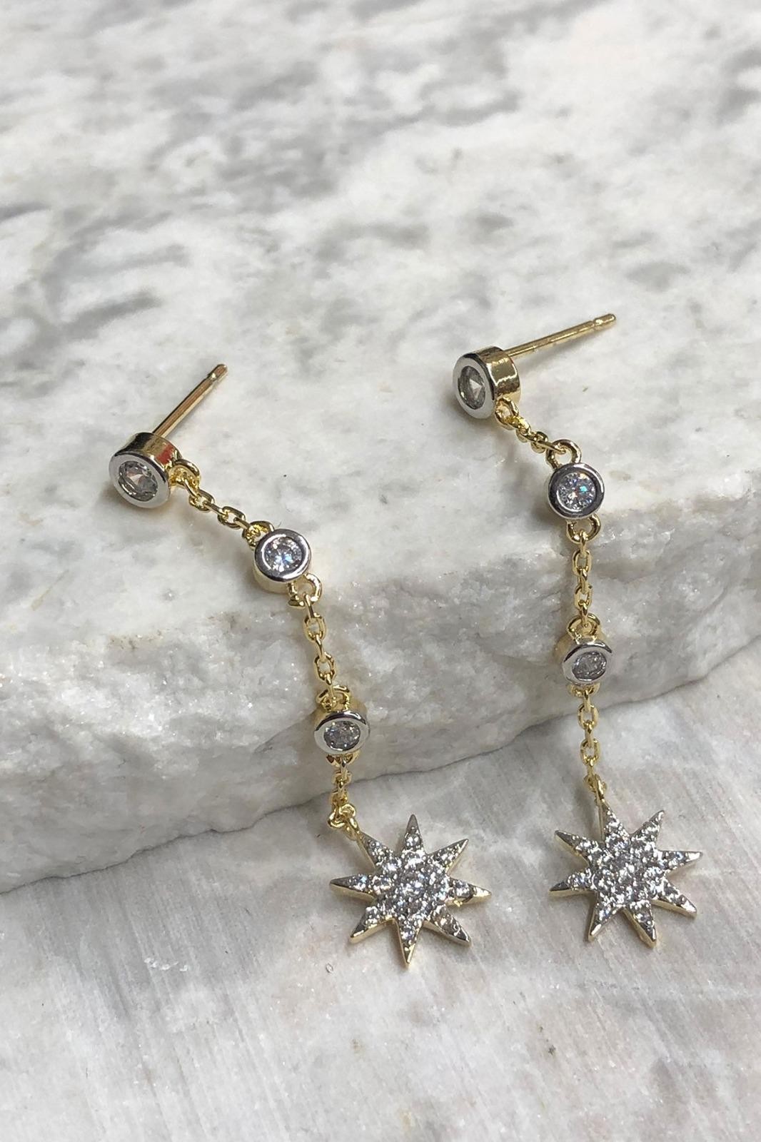 Sallantılı Gümüş Yıldız Model Zirkon Taş Gold Küpe