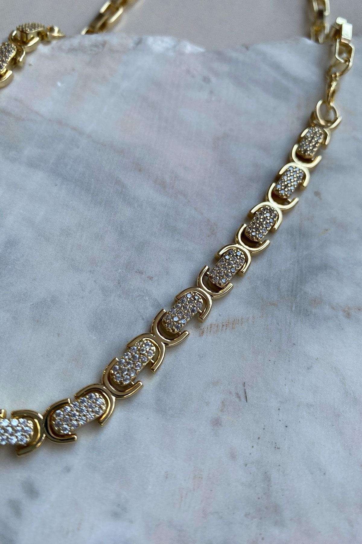 Gümüş Zirkon Taş Oval Model Gold Zincir Detaylı Kaplama Kolye