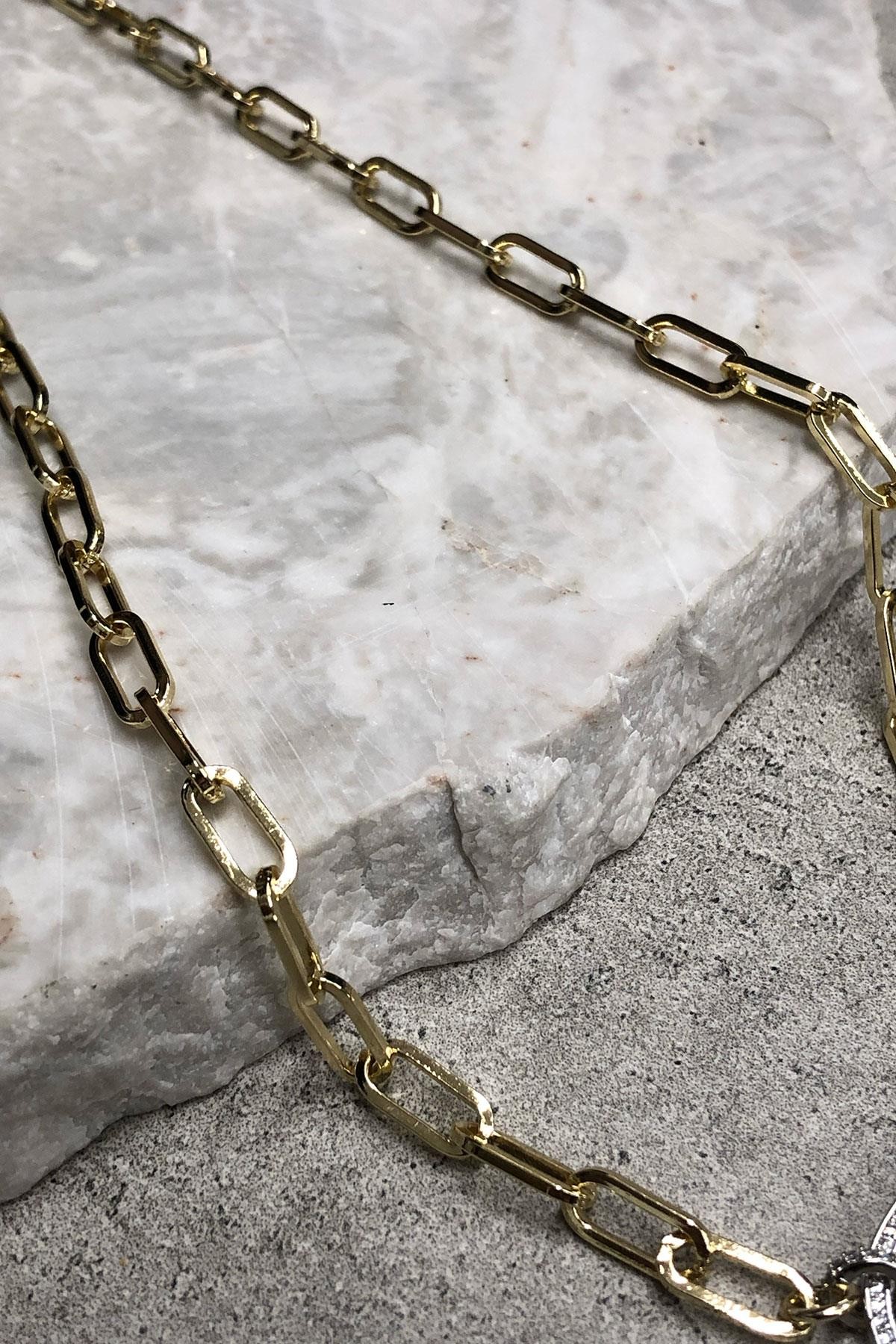 Taşlı Geometrik Model Gold Zincir Detaylı Xp Kaplama Kolye