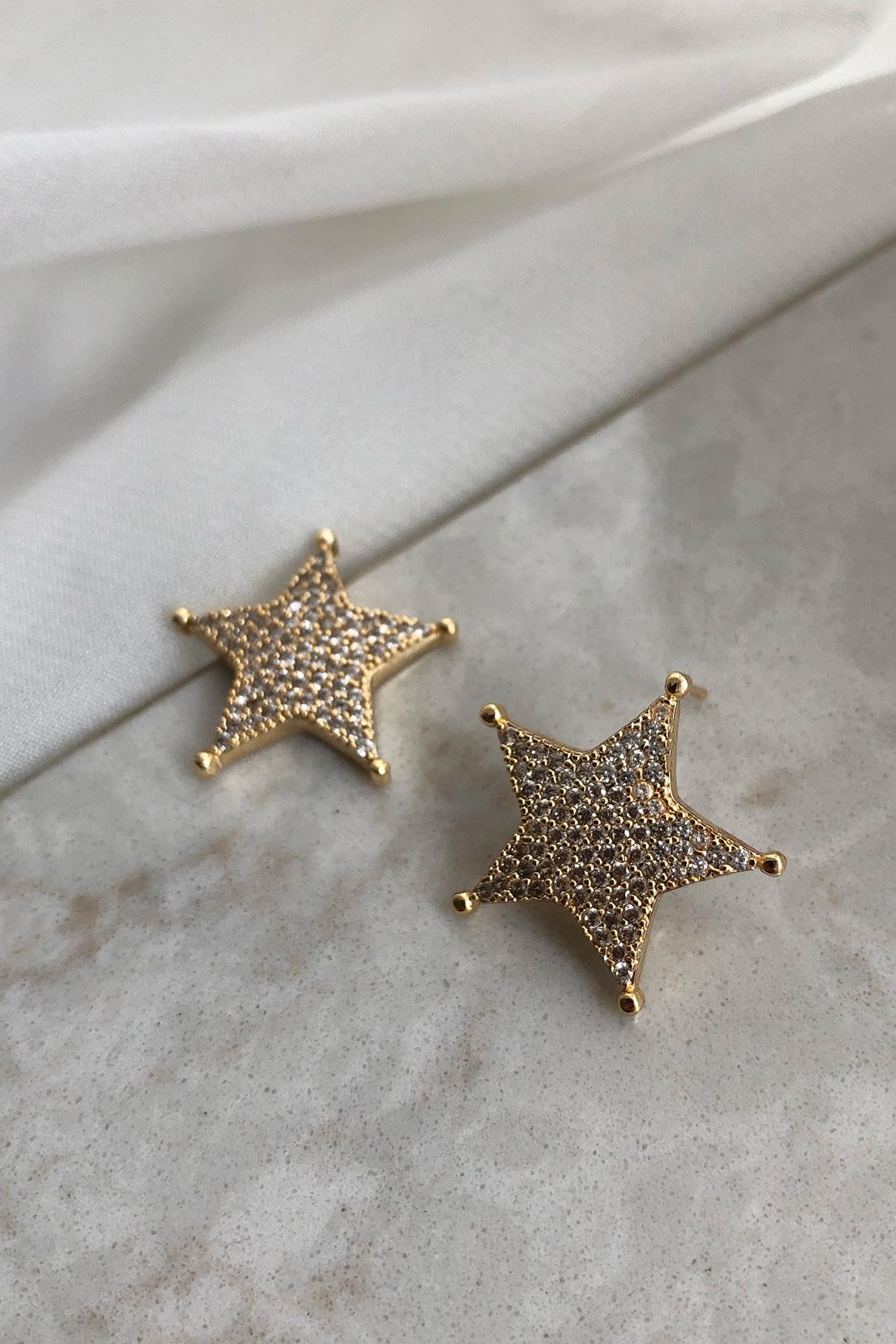 Taşlı Yıldız Model Gold Detaylı Zirkon Küpe