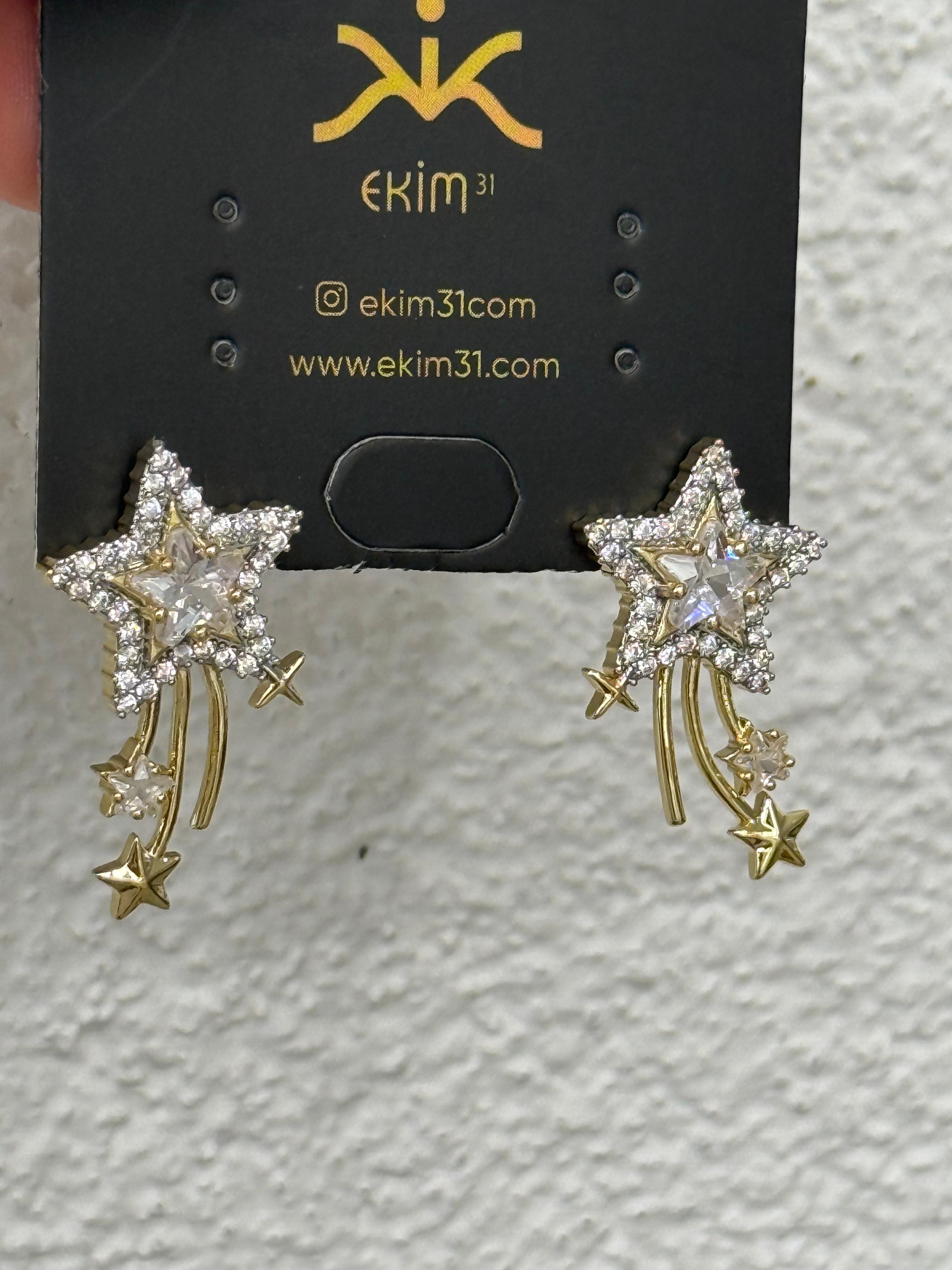 Gold Yıldızlı Parlak Taşlı Küpe