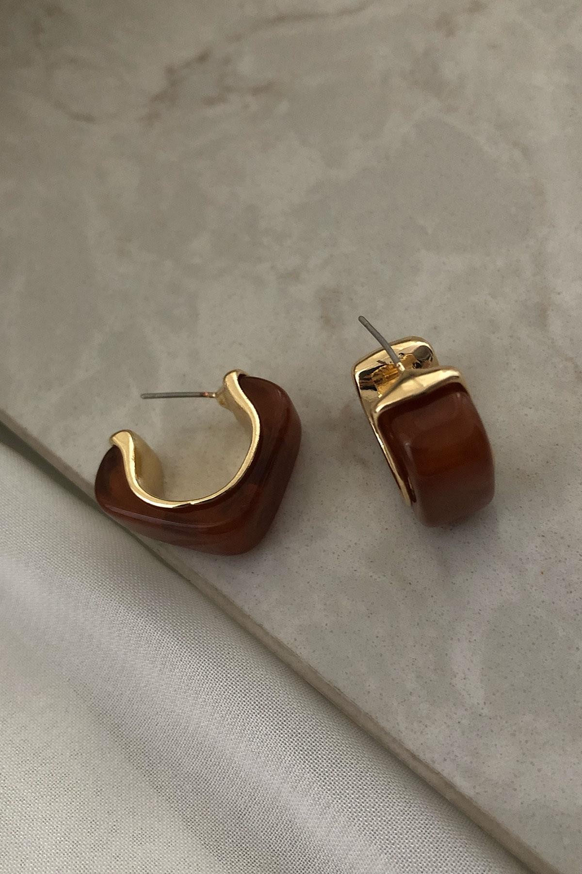 Kahve Kemik Model Gold Detaylı Küpe
