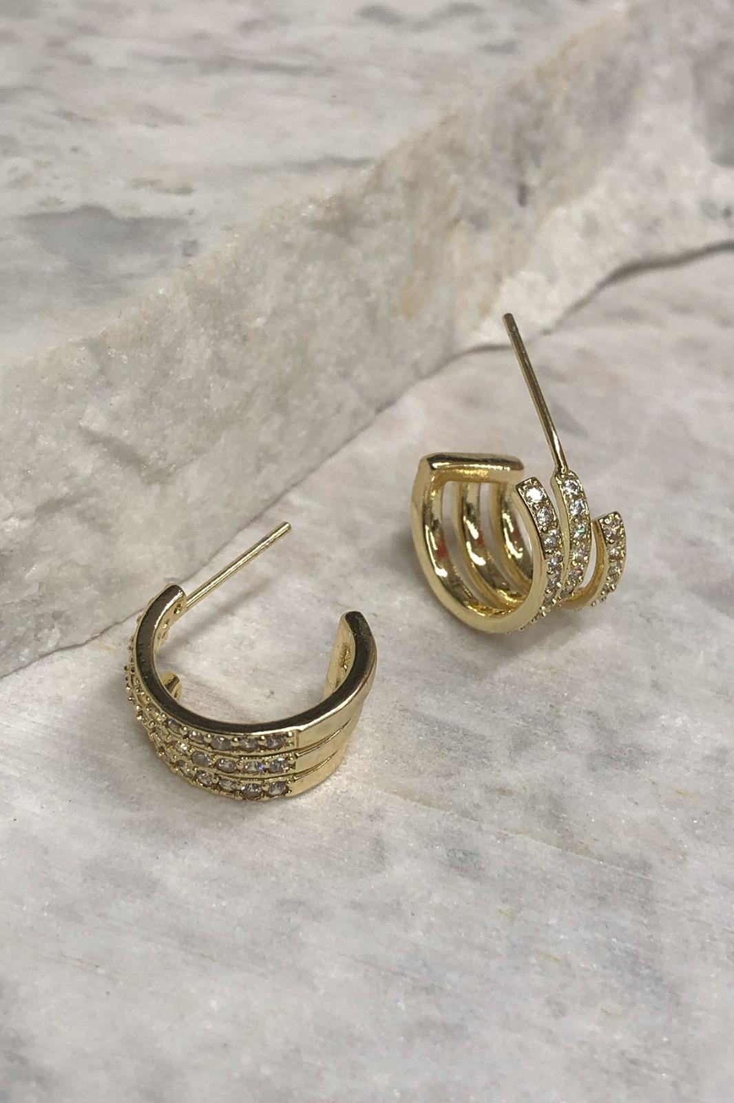 Minimal Üçlü Model Zirkon Taş Gold Küpe