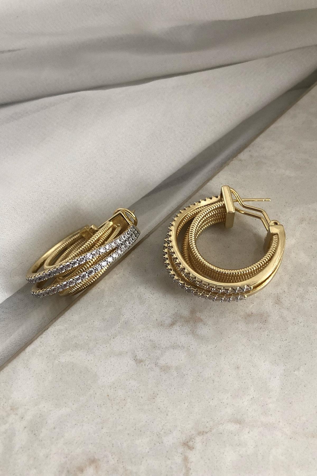 Halka Model Taşlı Gold Detaylı Kaplama Küpe