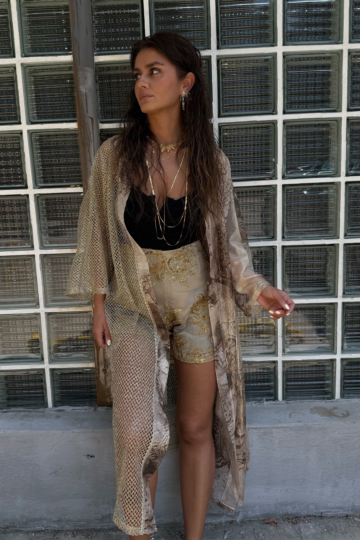 Uçuş | File Desen Detaylı Gold Kimono
