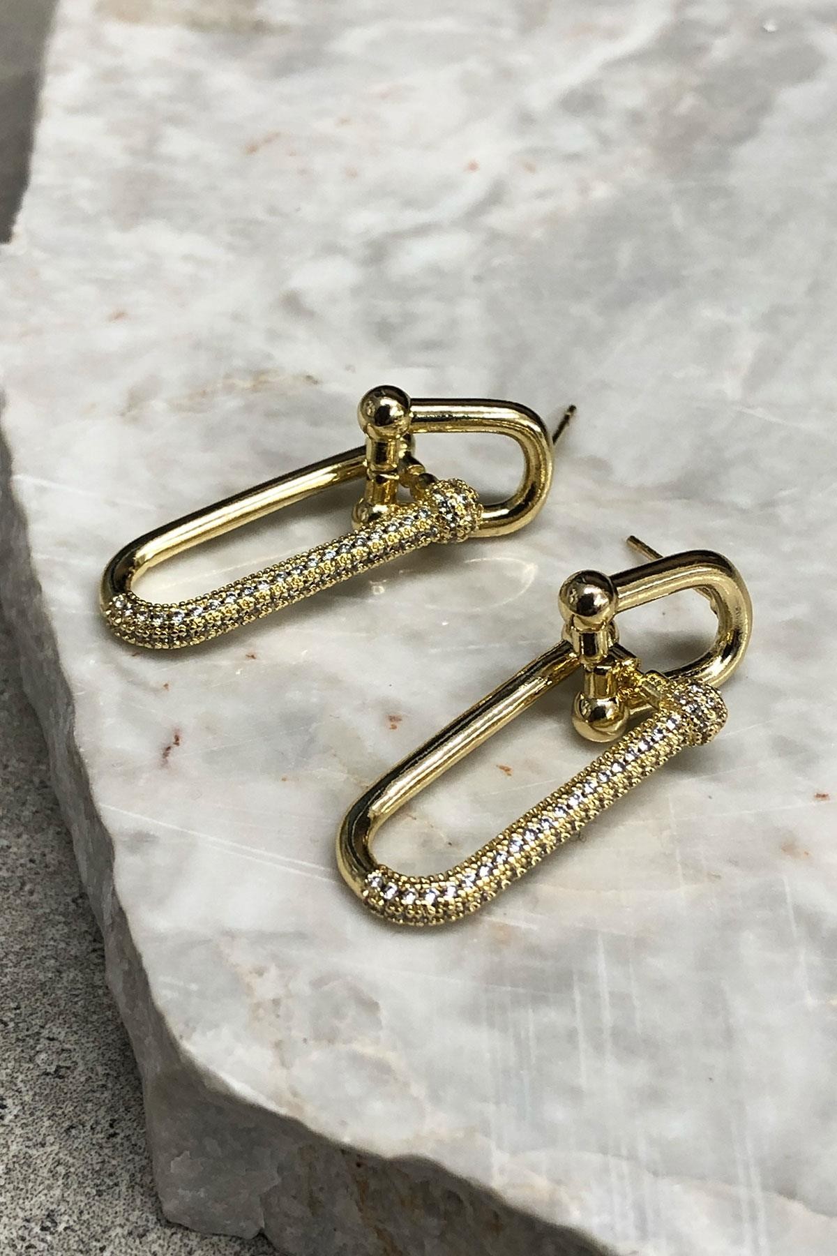 Tiffany Model Gold Detaylı Uzun Küpe