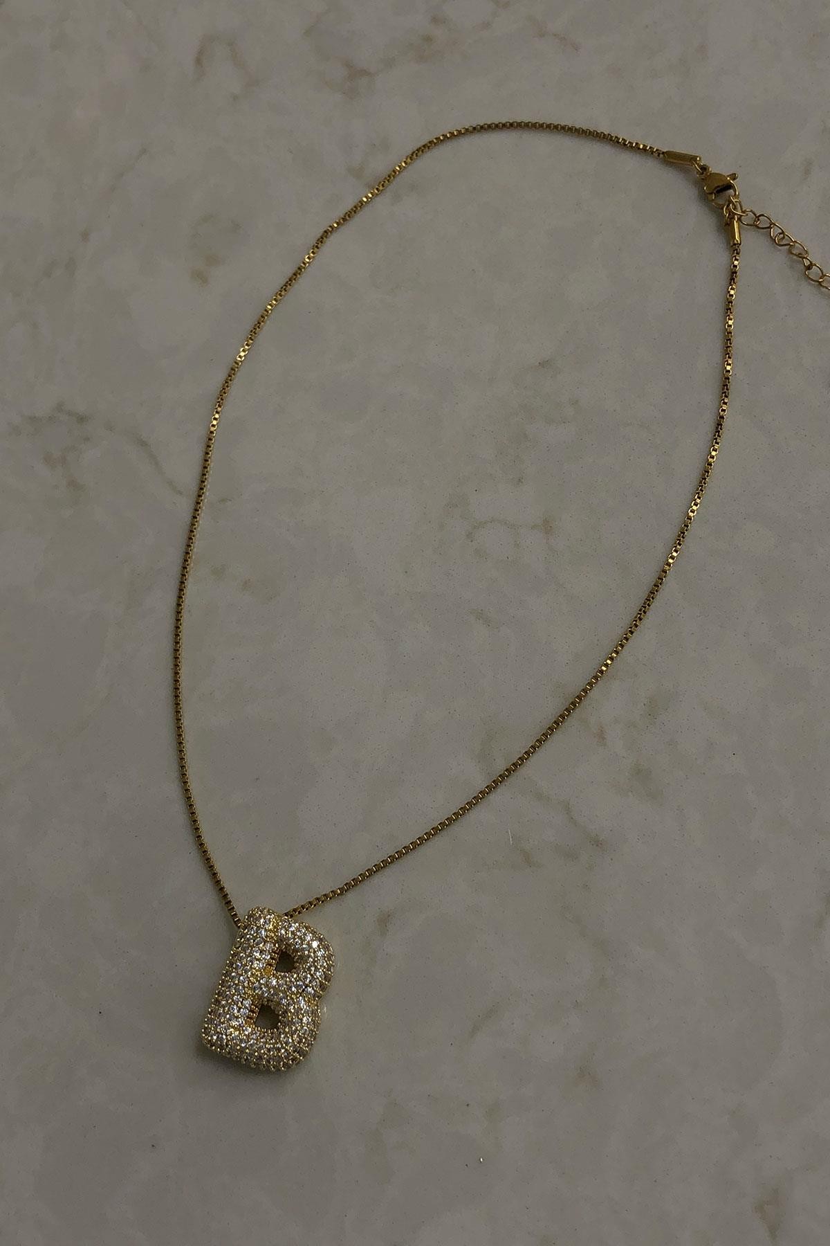 Zirkon Taş Model Gold Detaylı B Harf Çelik Kolye