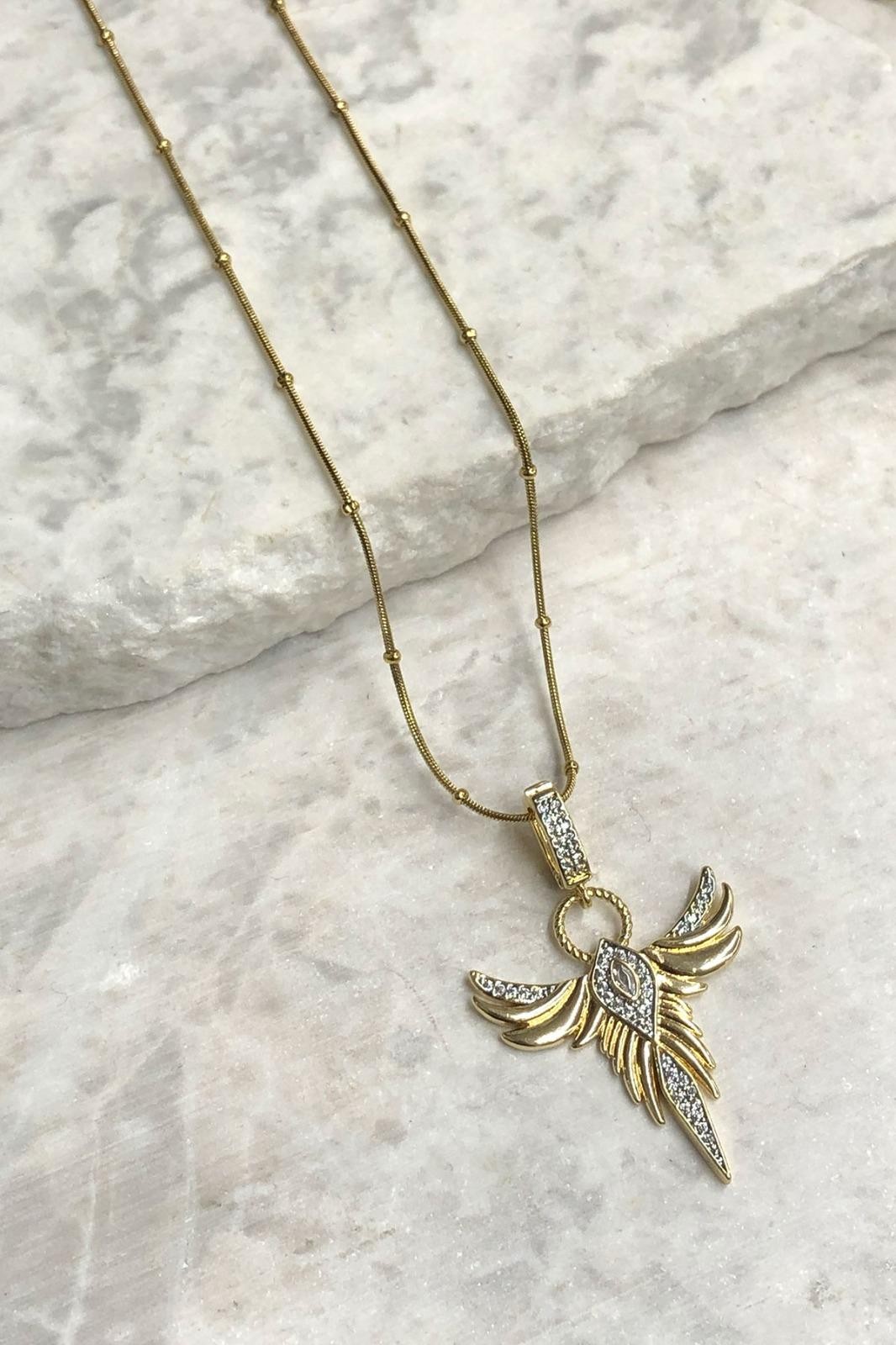 Anka Kuş Model Gümüş Zirkon Taş Detay Gold Çelik Kolye