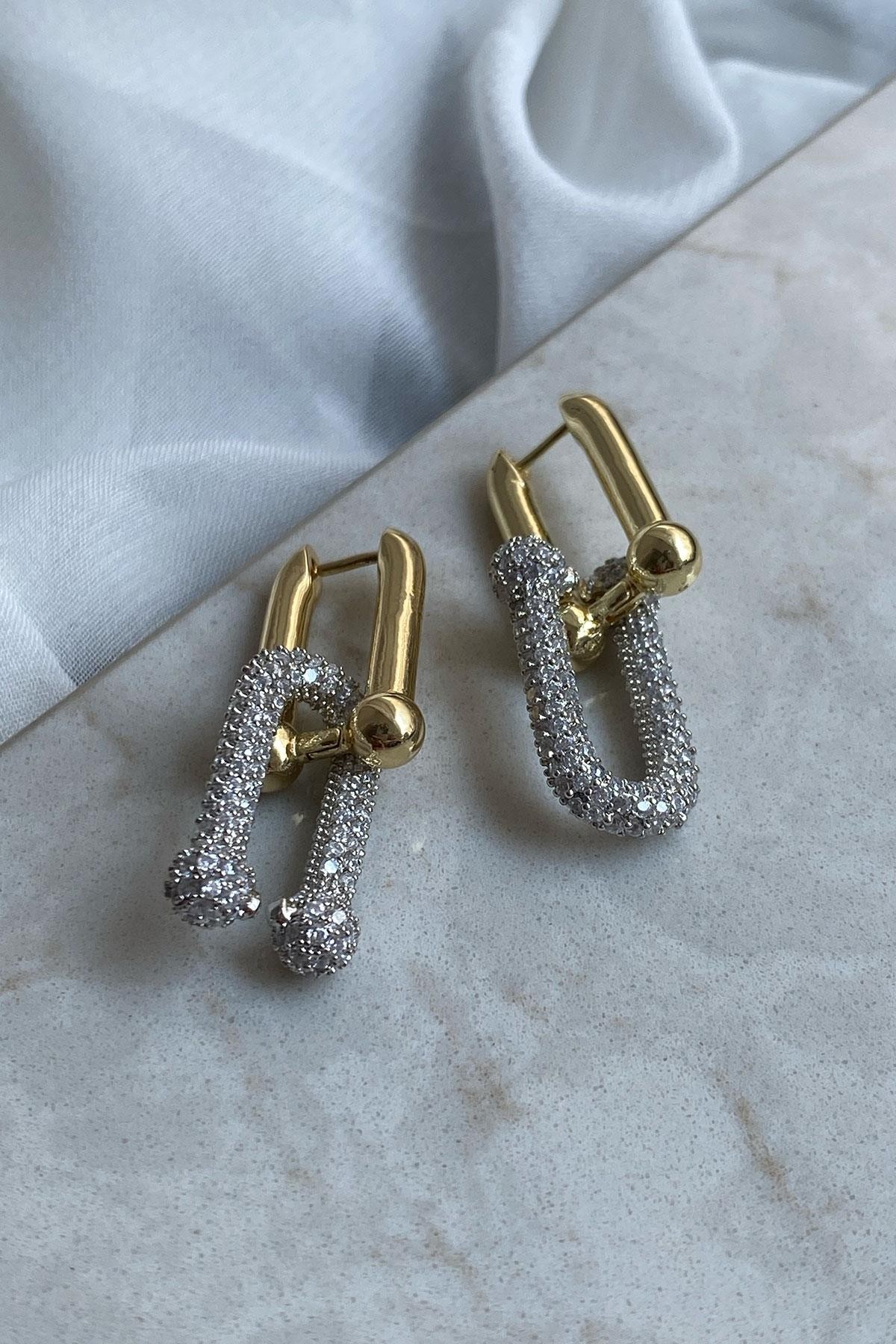 Tiffany Taşlı Model Gold Gümüş Detaylı Kaplama Küpe