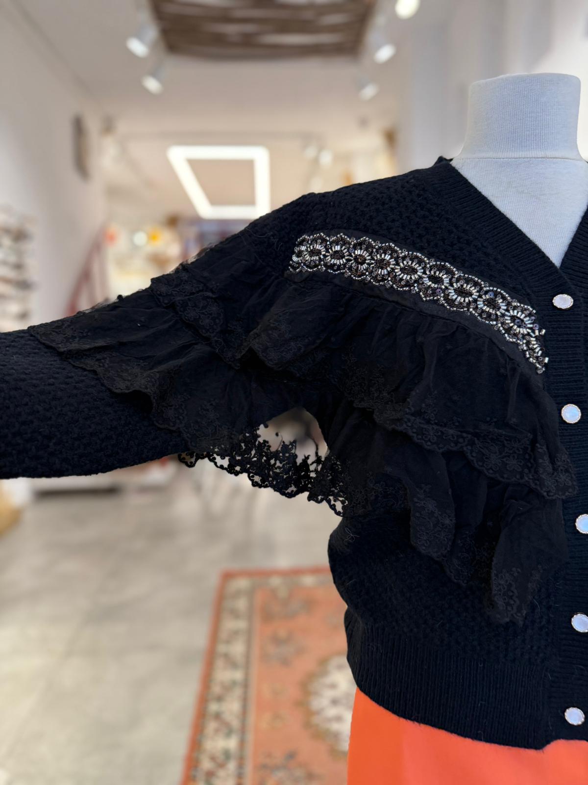 Taşlı Dantelli Siyah Hırka