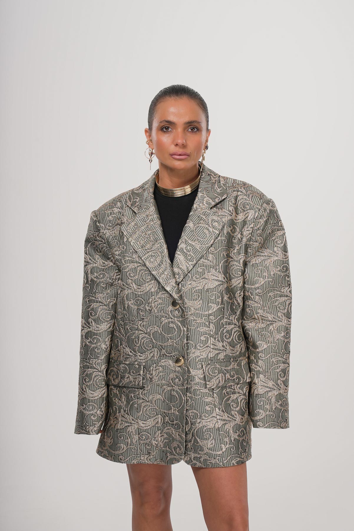 Etnik Melodi | Dokulu Küf Yeşili Oversize Ceket