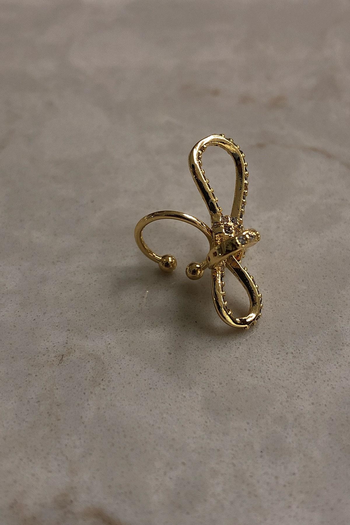 Taşlı Kurdele Model Gold Detaylı Kıkırdak Küpe