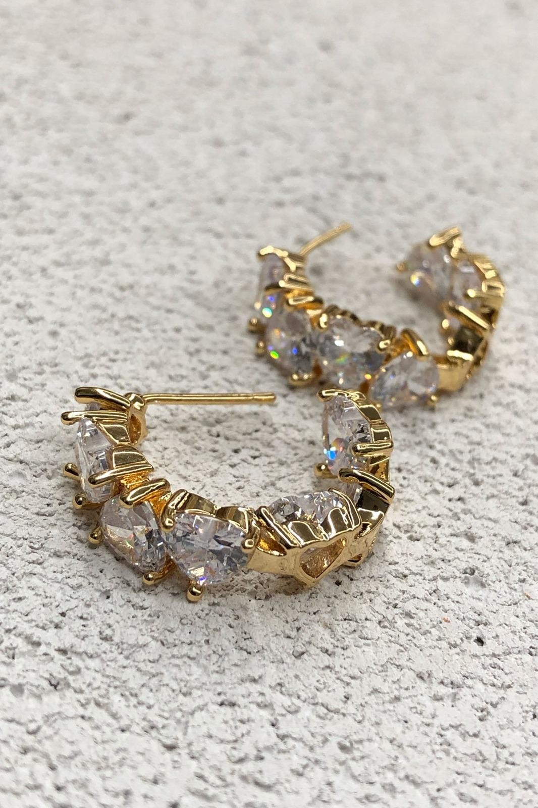 Kalp Zirkon Taş Model Gold Halka Küpe