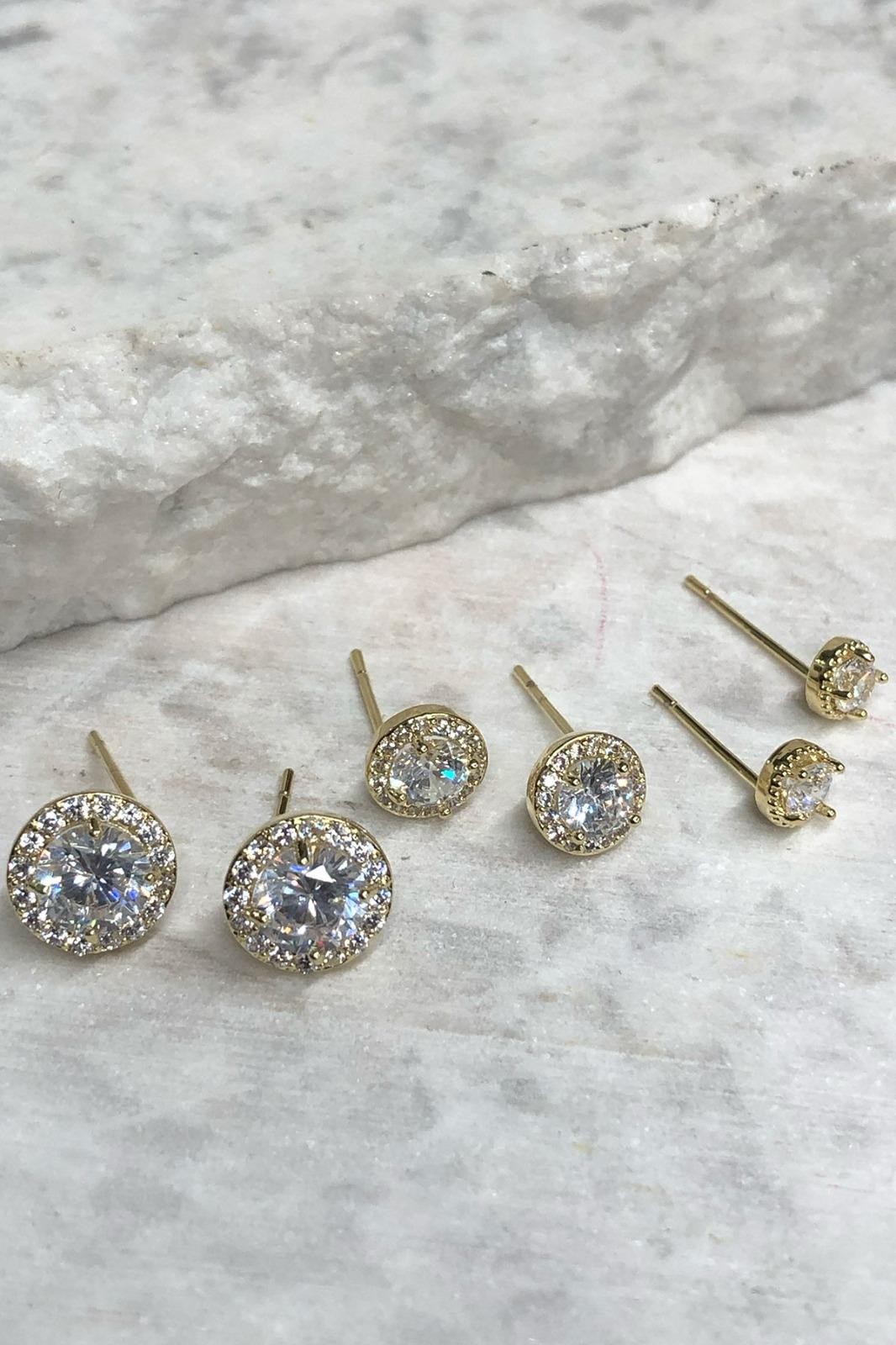 Yuvarlak Model Zirkon Taş Gold Set Küpe