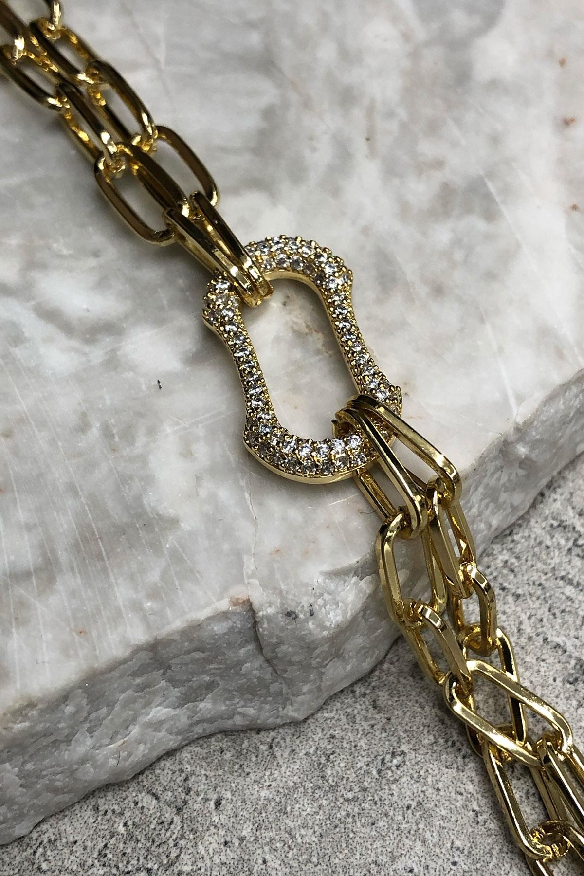 Taşlı Oval Model Gold Detaylı Kaplama Bileklik