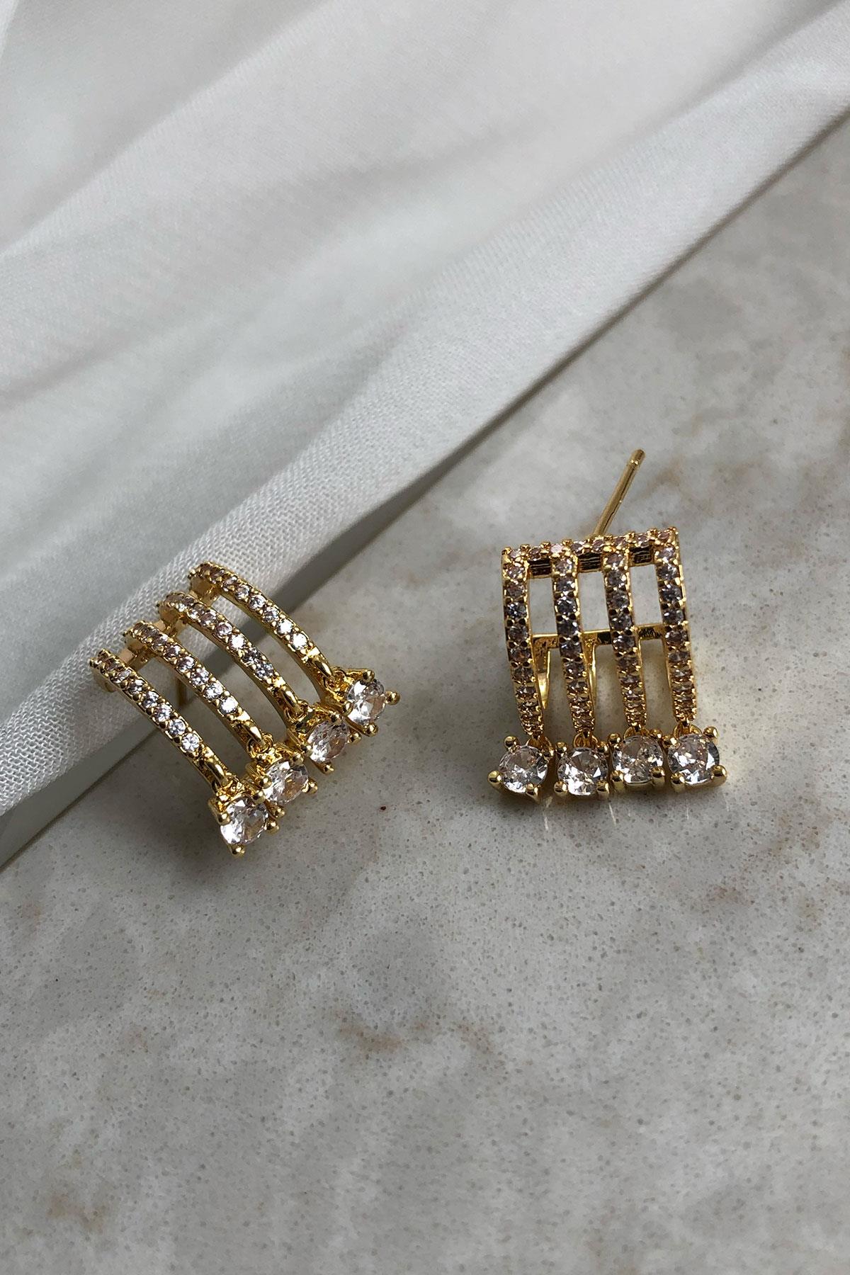 Taşlı Gold Detaylı Kaplama Küpe