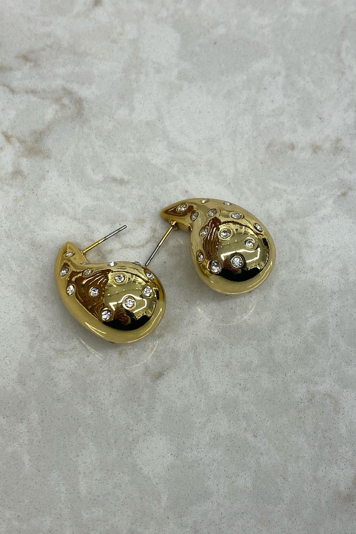 Taşlı Damla Model Gold Detaylı Küpe