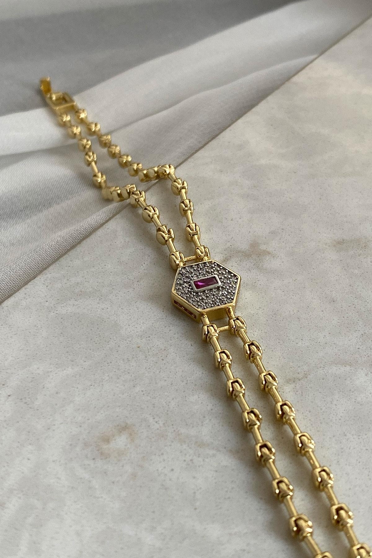 Gümüş Zirkon Taş Model Fuşya Gold Detaylı İkili Görünümlü Kaplama Bileklik