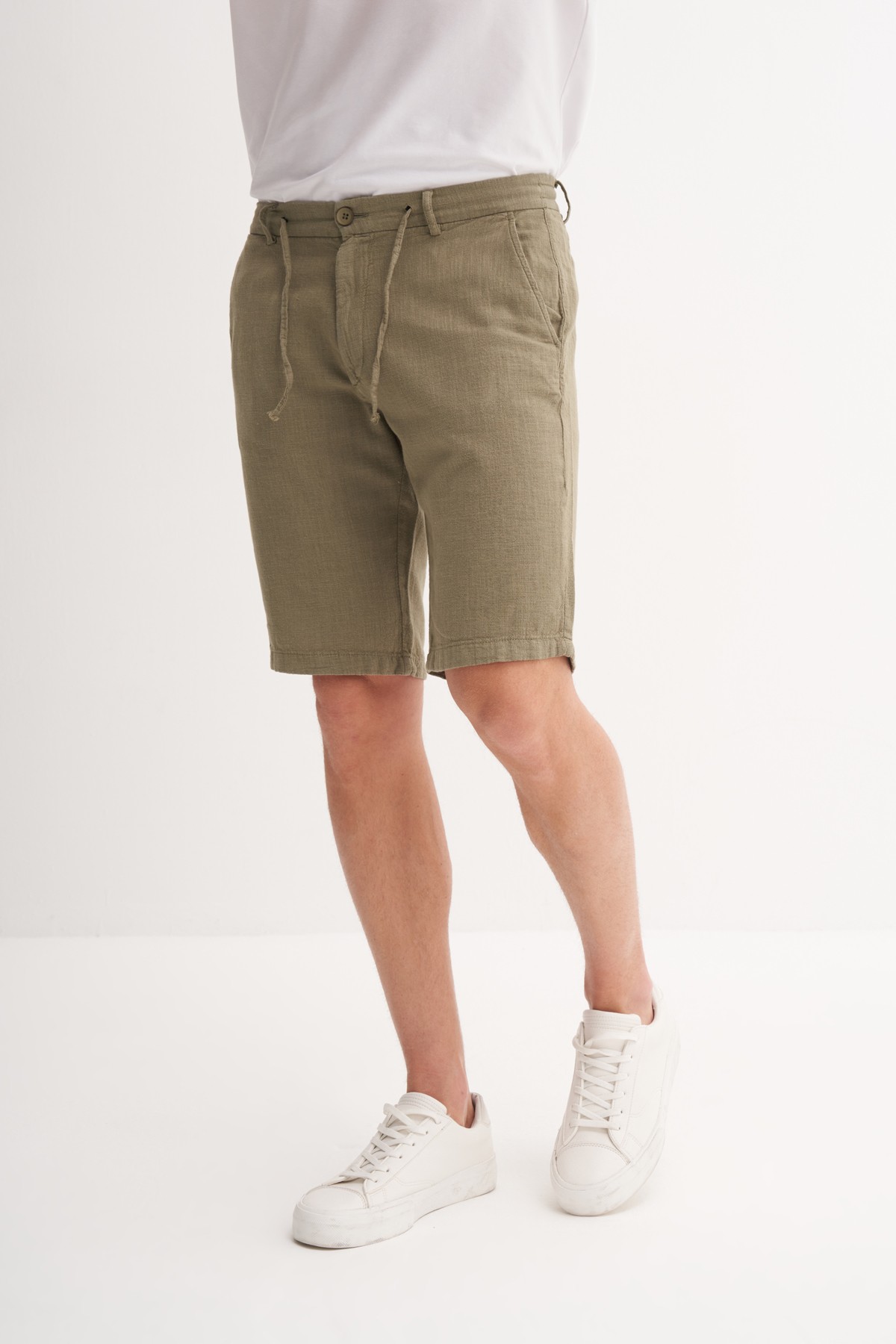 Slim Fit Dar Paça Keten Bermuda Şort 6108 - HAKİ