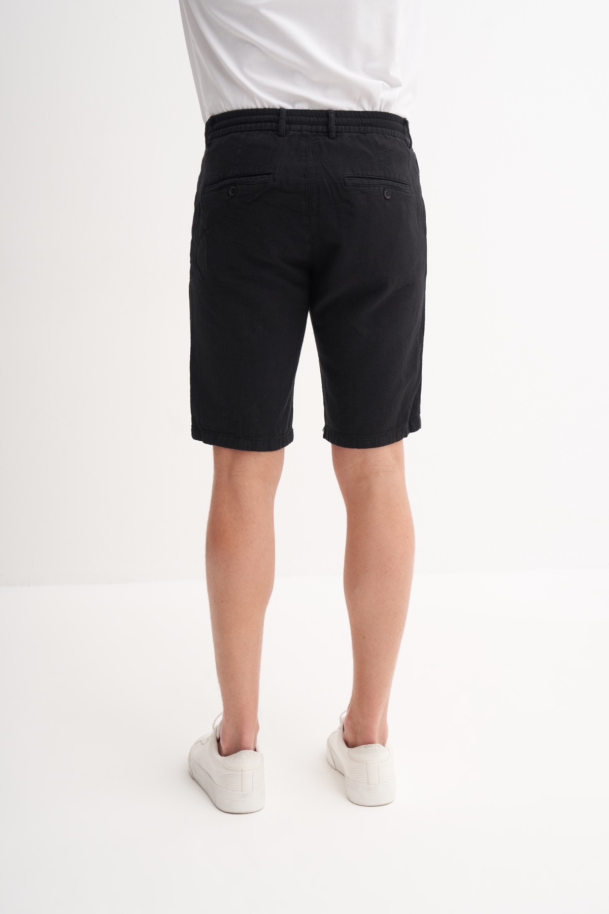 Slim Fit Dar Paça Keten Bermuda Şort 6108 - SİYAH