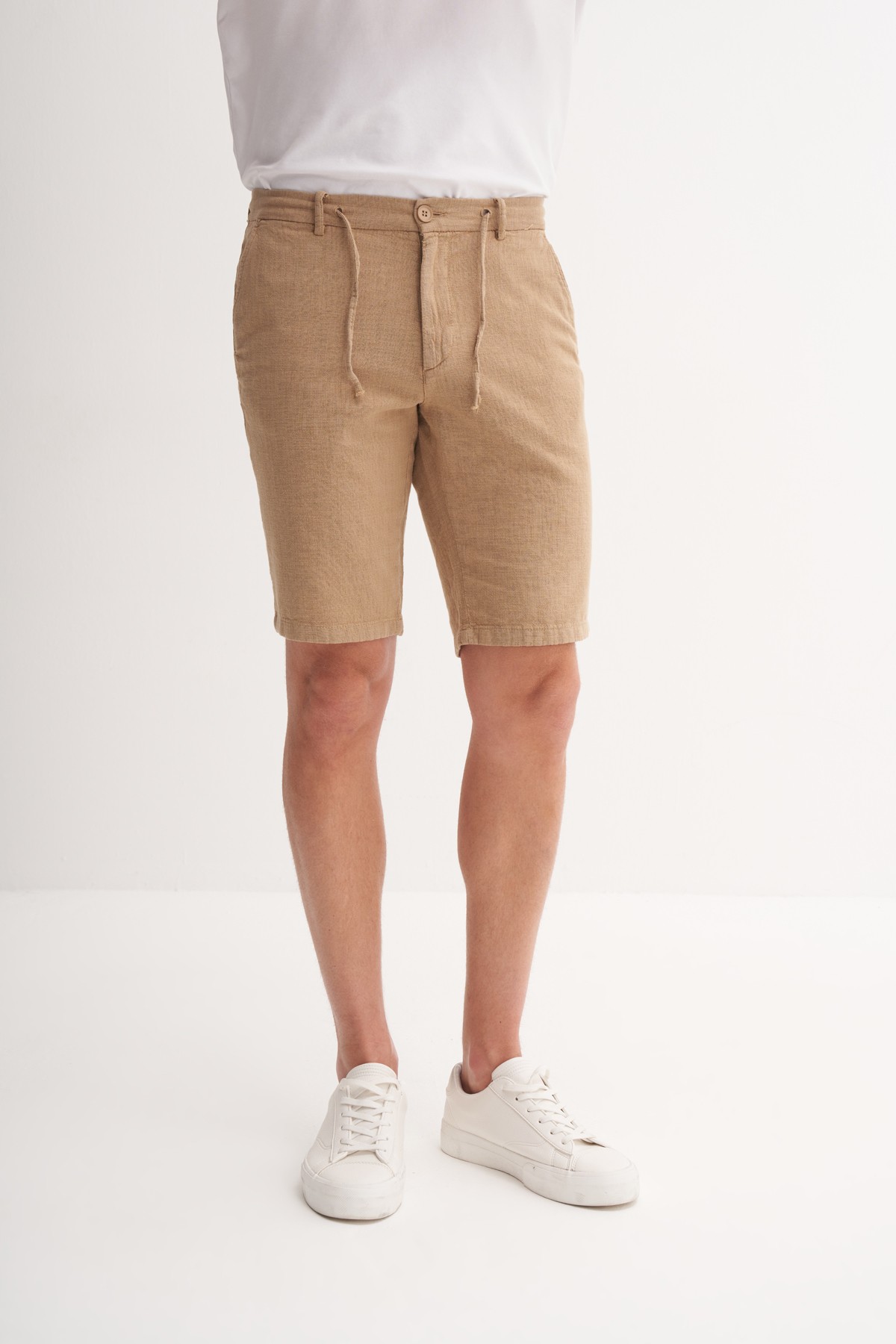 Slim Fit Dar Paça Keten Bermuda Şort 6108 - CAMEL
