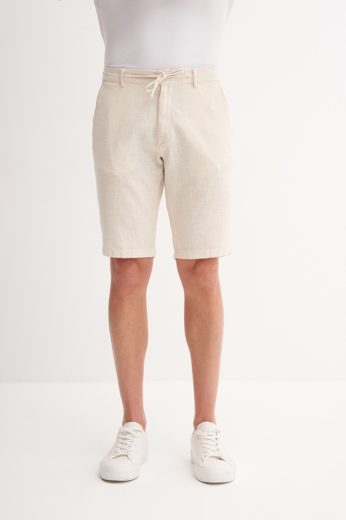 Slim Fit Dar Paça Keten Bermuda Şort 6108 - BEJ