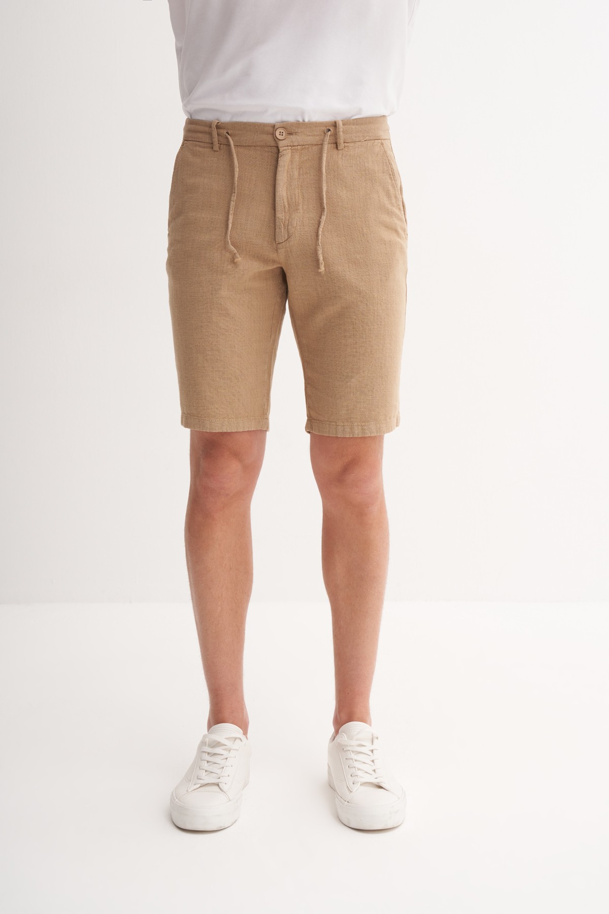 Slim Fit Dar Paça Keten Bermuda Şort 6108 - CAMEL