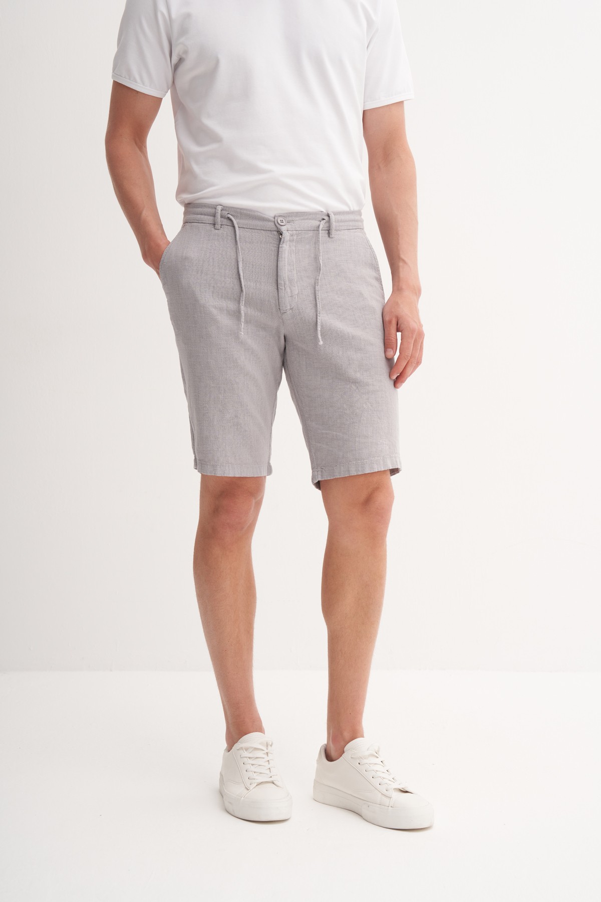 Slim Fit Dar Paça Keten Bermuda Şort 6108 - GRI