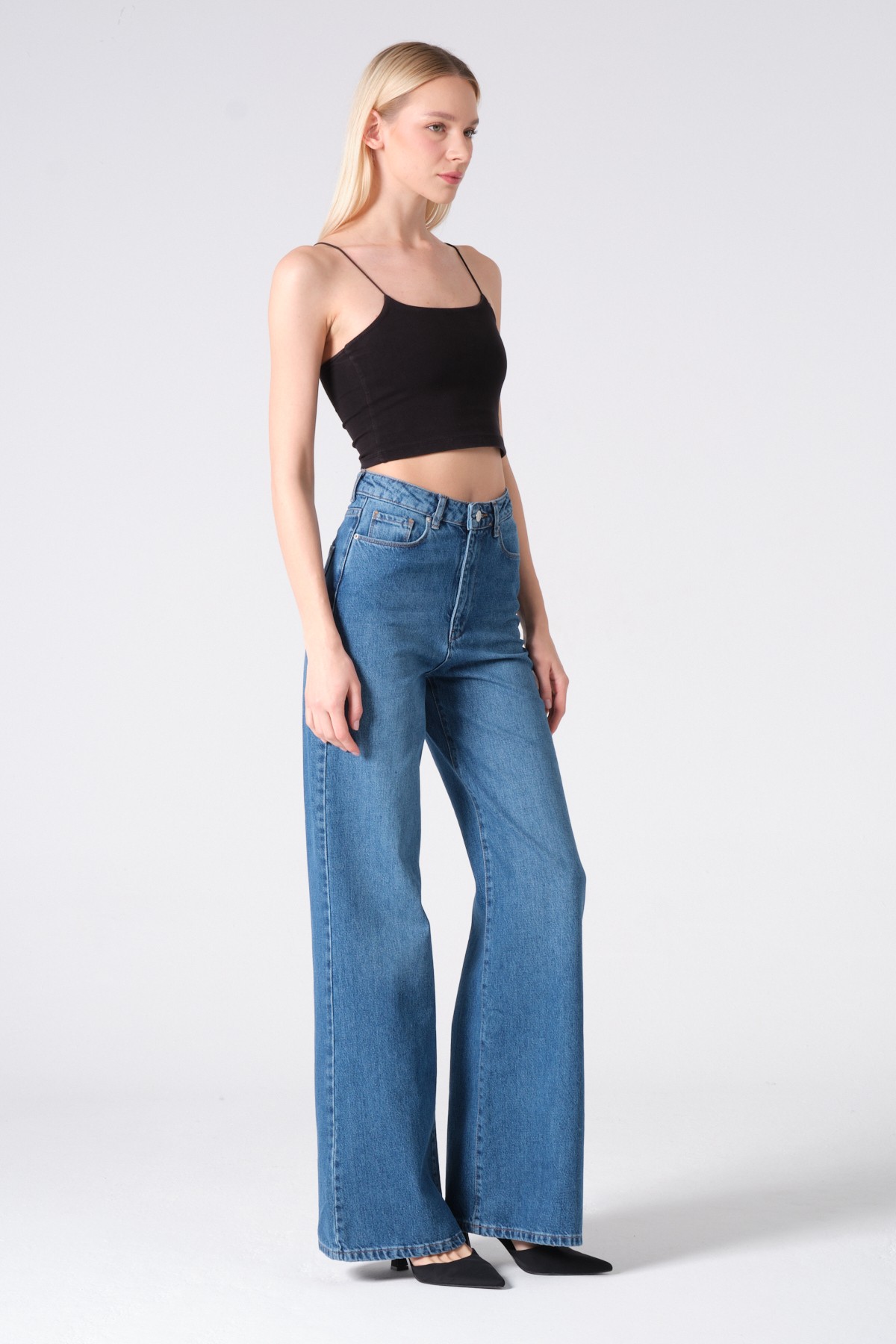 Style asia wide leg yüksek bel kot pantolon mavi