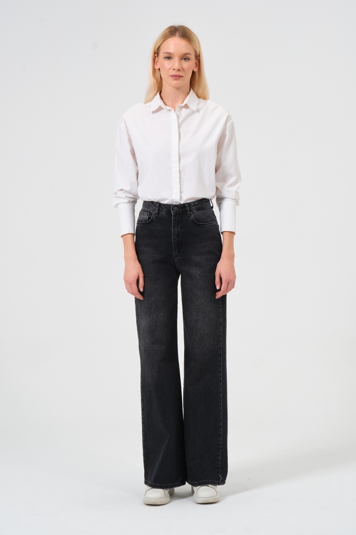 Style asia wide leg yüksek bel kot pantolon siyah