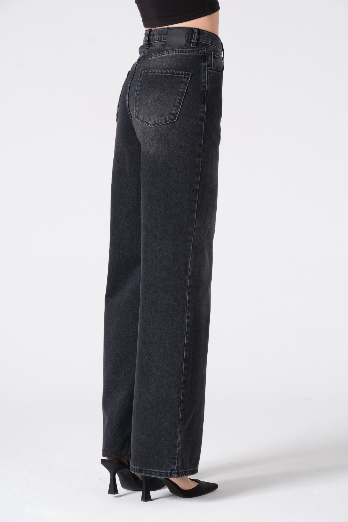 Style asia wide leg yüksek bel kot pantolon siyah